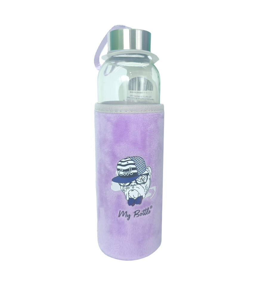 Figürlü Peluş Kılıflı Renkli Cam Matara Suluk 500 ml HK5017