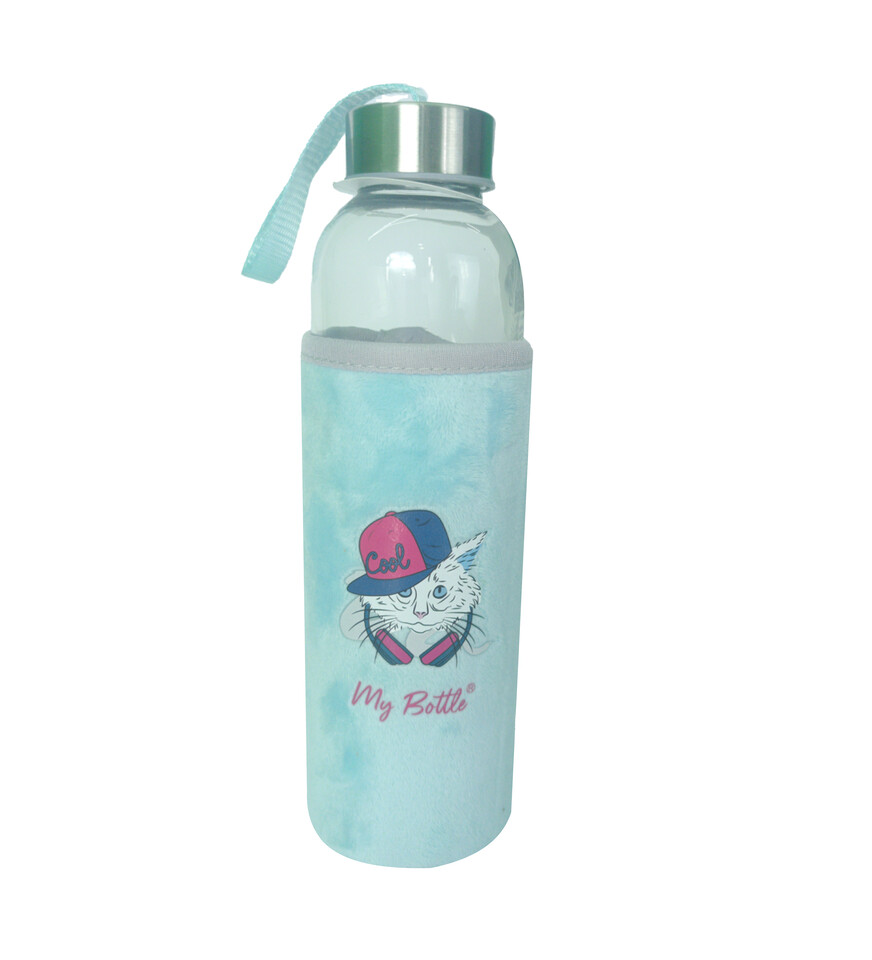 Figürlü Peluş Kılıflı Renkli Cam Matara Suluk 500 ml HK5017