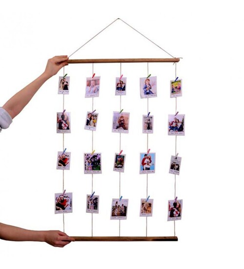 Ahşap İpli Mandallı Çerçeve 50x72 (12 Adet Fotoğraf Hediyeli)