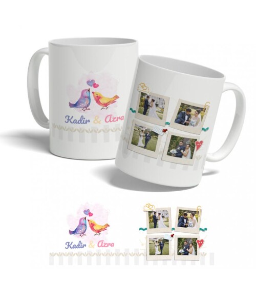 Aşık Kuşlar Temalı Kişiye Özel 4 Fotoğraf Baskılı Kupa Bardak HK125