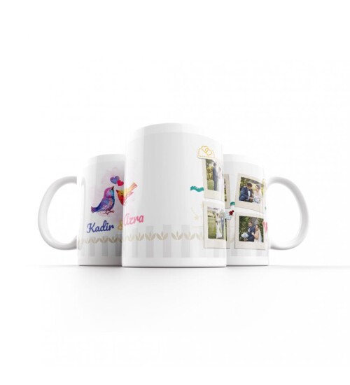 Aşık Kuşlar Temalı Kişiye Özel 4 Fotoğraf Baskılı Kupa Bardak HK125