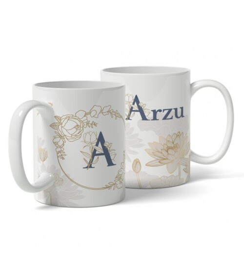 Kişiye Özel Yuvarlak Çiçek Desenli İsim ve Harf Baskılı Kupa HK106