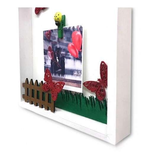 Ahşap Beyaz Uğur Böceği Mandallı Fotoğraf Çerçevesi