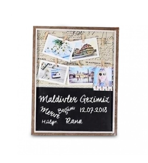 Ahşap Yazı Tahtalı İpli Duvar Fotoğraf Çerçevesi 37x47 cm (8 ADET FOTO BASKILI)