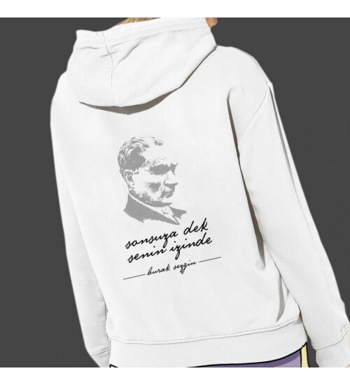 Kişiye Özel Atatürk Baskılı Kapşonlu Beyaz Unisex Sweatshirt HK2292