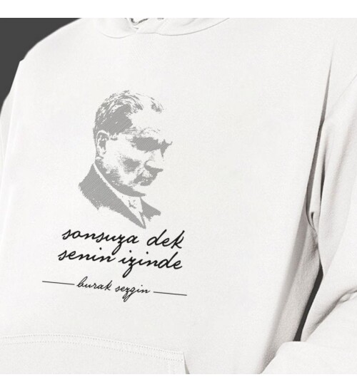 Kişiye Özel Atatürk Baskılı Kapşonlu Beyaz Unisex Sweatshirt HK2292
