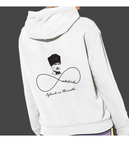 Atatürk Sonsuza Dek Baskılı Kapşonlu Beyaz Unisex Sweatshirt HK2297