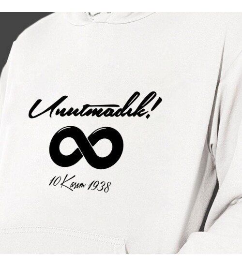 10 Kasım Özel Baskılı Kapşonlu Beyaz Unisex Sweatshirt HK2298