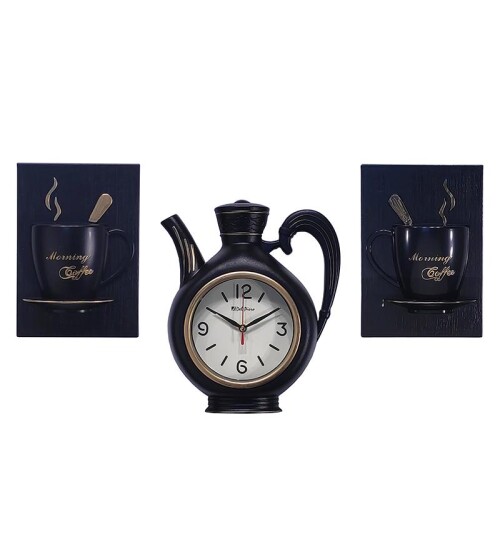 Dekoratif Duvar Saati Siyah Fincan 3lü Set HK221