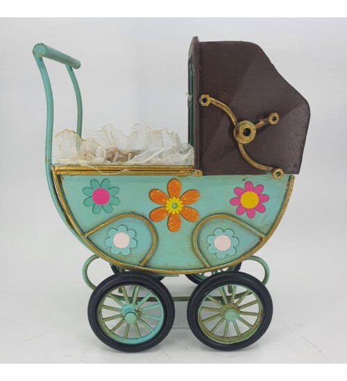 Mavi Dekoratif Metal Bebek Arabası