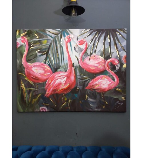 Orijinal Tablo Renkli 80x120 cm El Yapımı Tuval Tablo Flamingolar