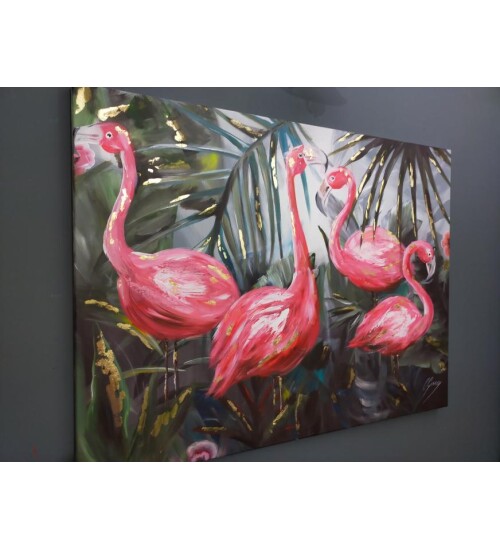 Orijinal Tablo Renkli 80x120 cm El Yapımı Tuval Tablo Flamingolar