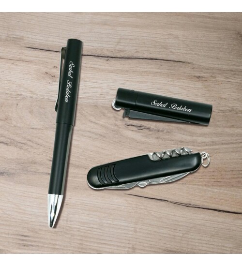 Kişiye Özel Hediyelik Set Çakı, Metal Kalem, Clipper Metal Çakmak