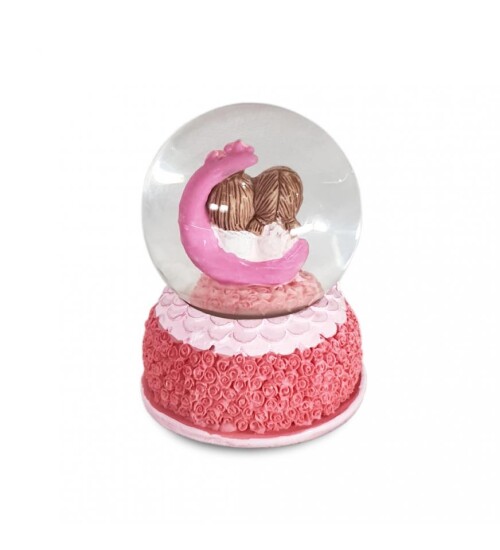 Hilalde Oturan Sevgililer Pembe Minik Kar Küresi