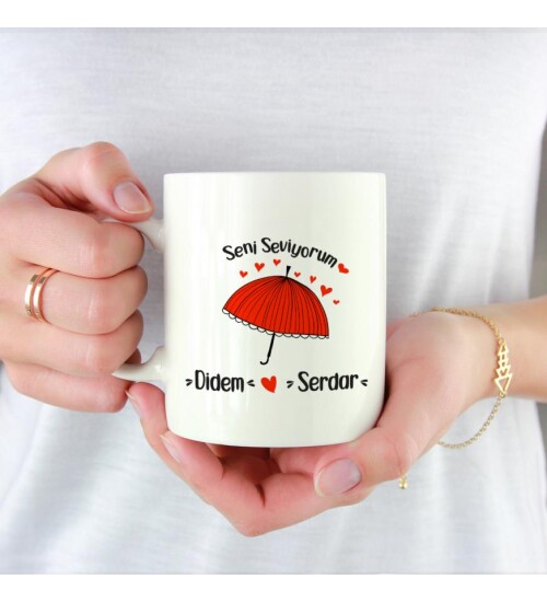 Şemsiye Tasarımlı İsme Özel Sevgililer Günü Kupası