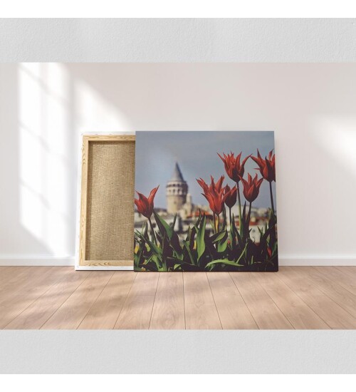 Lalelerin Ardında Galata Kanvas Tablo