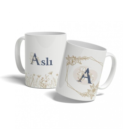 Kişiye Özel Altıgen Çiçek Desenli İsim ve Harf Baskılı Kupa HK108