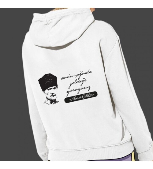 Kişiye Özel Atatürk Baskılı Kapşonlu Beyaz Unisex Sweatshirt HK2300