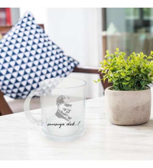 Kişiye Özel Atatürk ve Bayrak Baskılı Şeffaf Cam Kupa Bardak HK2312