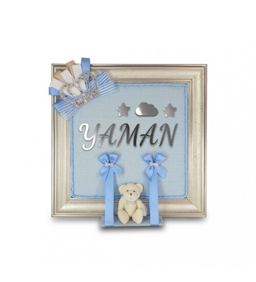 Kişiye Özel Ayıcıklı Çerçeveli Mavi Bebek Kapı Süsü 40x40