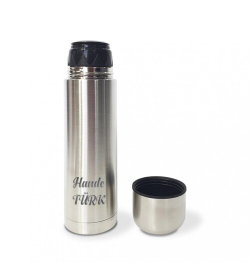 Kişiye Özel Bardak Kapaklı Deri Kılıflı 500 Ml Çelik Termos HK2069