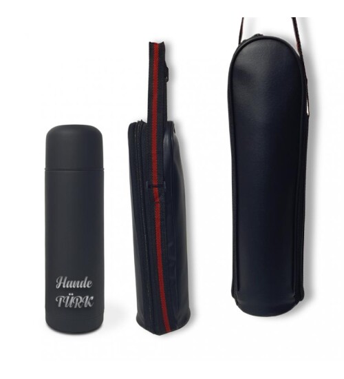 Kişiye Özel Bardak Kapaklı Deri Kılıflı 500 Ml Çelik Termos HK2069