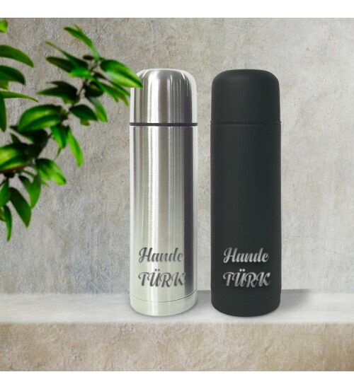 Kişiye Özel Bardak Kapaklı Deri Kılıflı 500 Ml Çelik Termos HK2069
