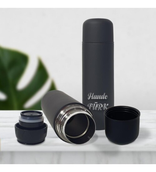 Kişiye Özel Bardak Kapaklı Deri Kılıflı 500 Ml Çelik Termos HK2069
