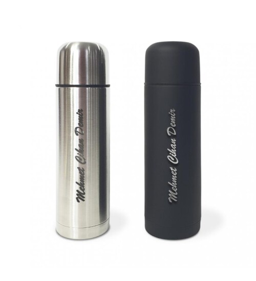 Kişiye Özel Bardak Kapaklı Deri Kılıflı 500 Ml Çelik Termos HK2070