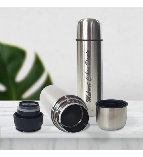 Kişiye Özel Bardak Kapaklı Deri Kılıflı 500 Ml Çelik Termos HK2070