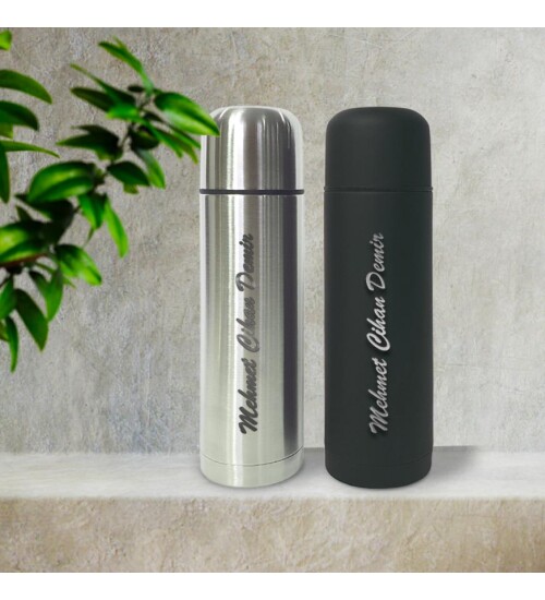 Kişiye Özel Bardak Kapaklı Deri Kılıflı 500 Ml Çelik Termos HK2070