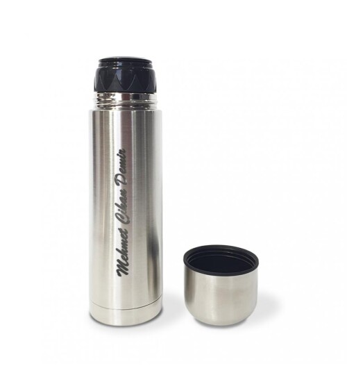 Kişiye Özel Bardak Kapaklı Deri Kılıflı 500 Ml Çelik Termos HK2070