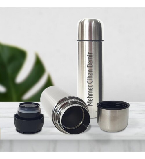 Kişiye Özel Bardak Kapaklı Deri Kılıflı 500 Ml Çelik Termos HK2071