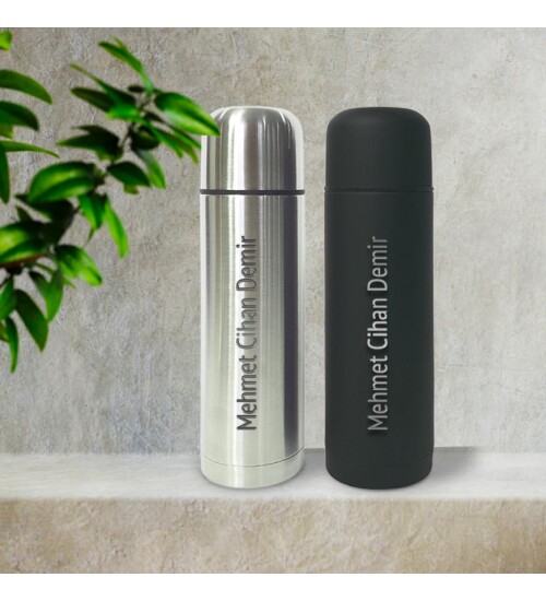 Kişiye Özel Bardak Kapaklı Deri Kılıflı 500 Ml Çelik Termos HK2071
