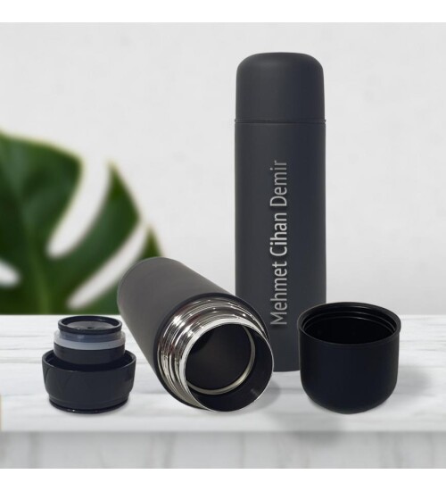 Kişiye Özel Bardak Kapaklı Deri Kılıflı 750 Ml Çelik Termos HK2075