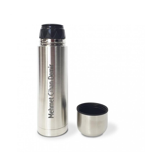 Kişiye Özel Bardak Kapaklı Deri Kılıflı 750 Ml Çelik Termos HK2075