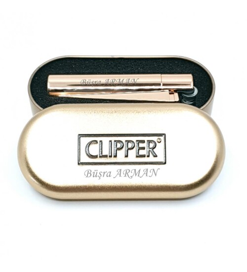 Kişiye Özel Clipper Metal Taşlı Altın Çakmak