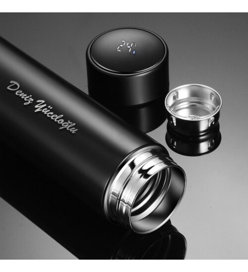 Kişiye Özel Dijital Sıcaklık Göstergeli Süzgeçli Siyah Termos 450 Ml HK2119