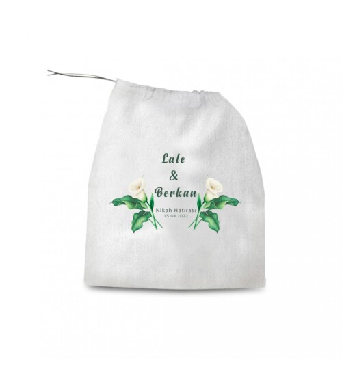 Kişiye Özel Düğün Nikah Hatırası Büzgülü Bez Hediye Kesesi 30x35 cm HK2150
