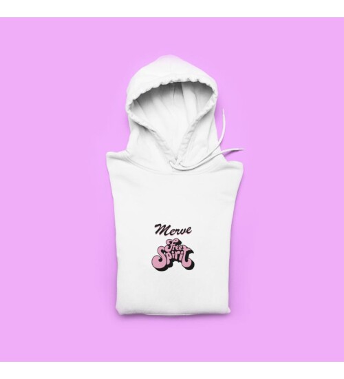 Kişiye Özel Free Spirit Baskılı Kapşonlu Beyaz Unisex Sweatshirt HK2160