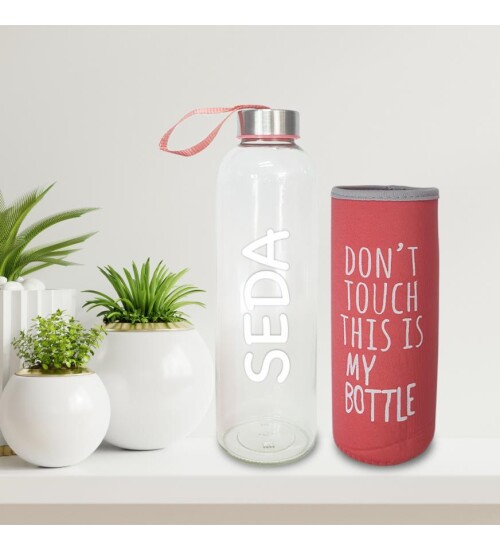 Kişiye Özel İsimli Renkli Kılıflı Cam Su Şişesi 750 ml