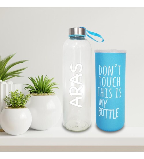 Kişiye Özel İsimli Renkli Kılıflı Cam Su Şişesi 750 ml