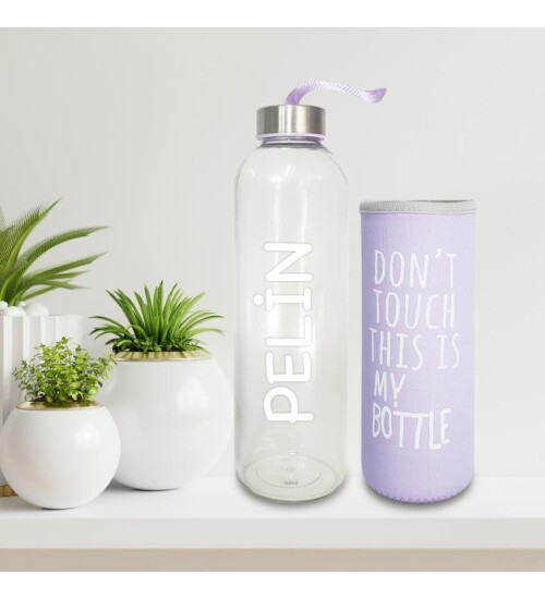 Kişiye Özel İsimli Renkli Kılıflı Cam Su Şişesi 750 ml