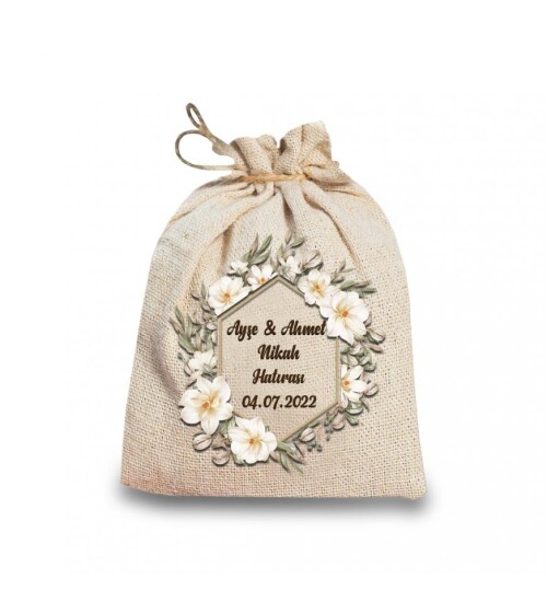 Kişiye Özel Nikah Hatırası Hasır İpli Hediye Kesesi HK2106