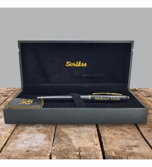 Kişiye Özel Scrikss Özel Kutulu Mat Siyah Altın Dolma Kalem HK2223