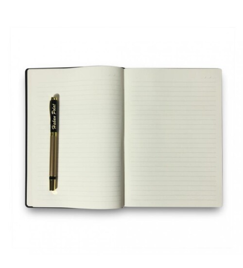Kişiye Özel Siyah VIP Hediyelik Set - 15x21 Yaldız Kenar Not Defteri - Metal Roller Kalem HK2065