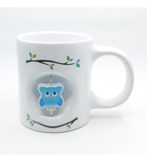 Mavi Baykuş Temalı 3D Döner Objeli Kupa Bardak