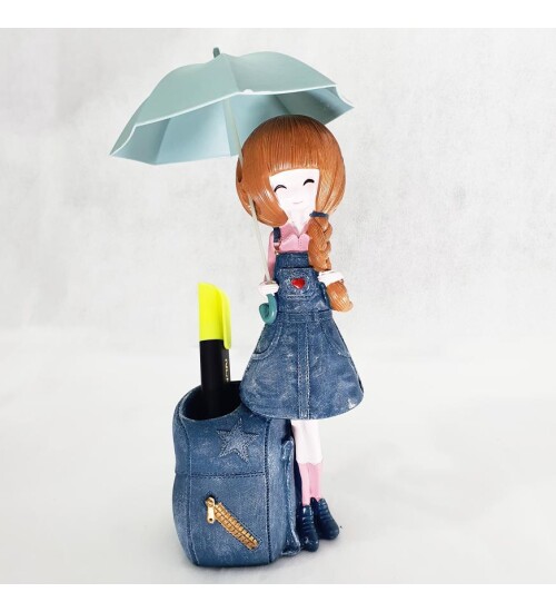 Polyester Şemsiyeli Kız Biblo Kalemlik Mavi Sepetli