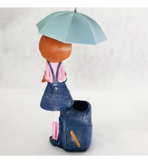 Polyester Şemsiyeli Kız Biblo Kalemlik Mavi Sepetli