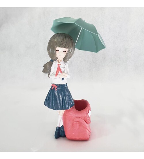 Polyester Şemsiyeli Kız Biblo Kalemlik Pembe Sepetli